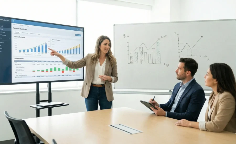 Outsourced CFO reviewing Cash Flow Dashboard with business owners