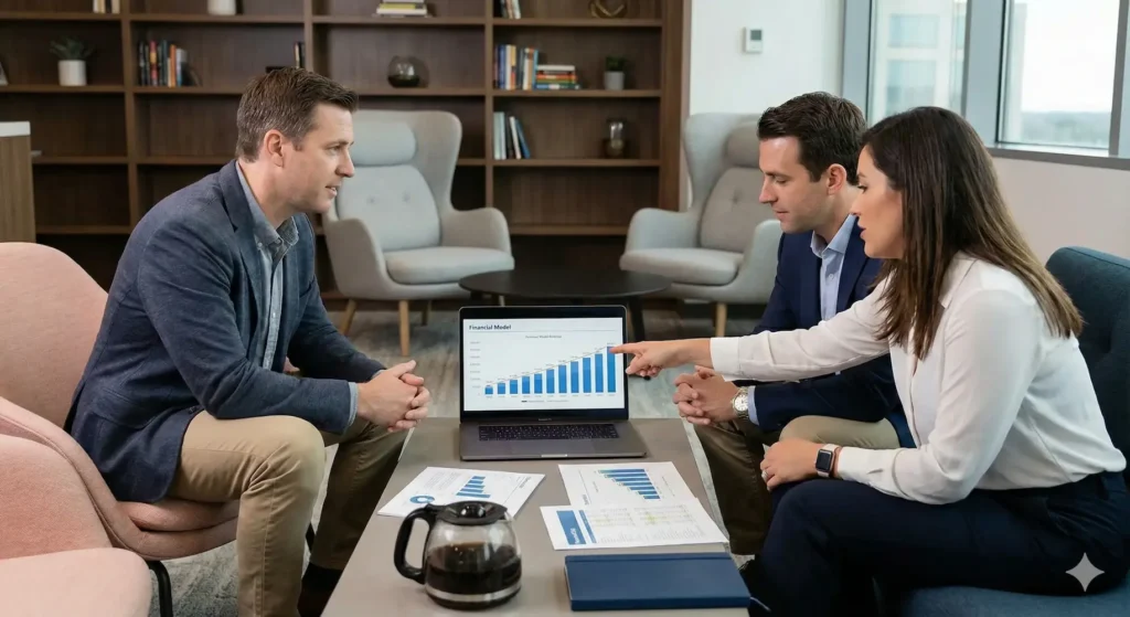 Outsourced CFO reviews financial model with small business owners